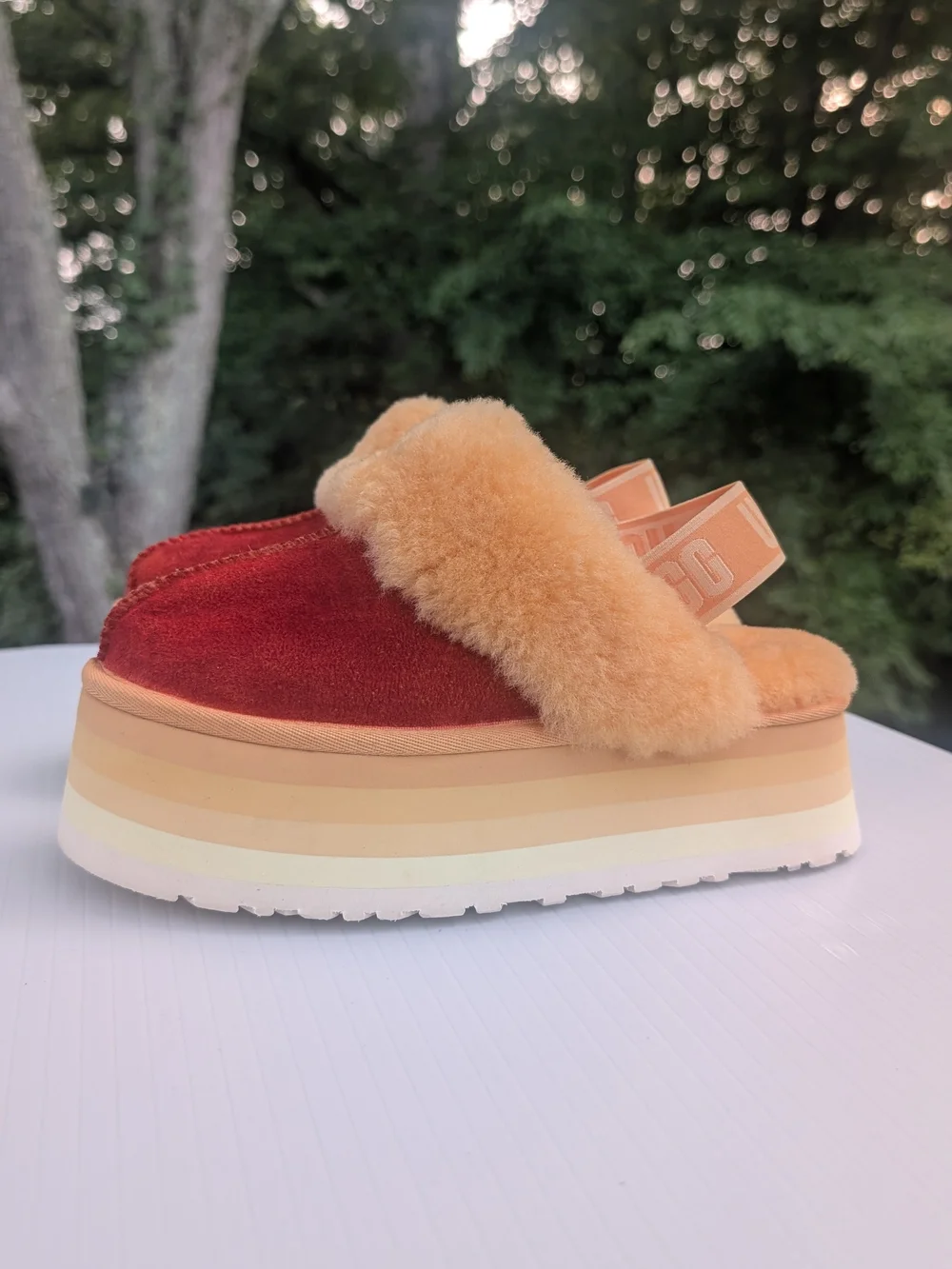 UGG Two-Tone Platform Slide in Orange Faux Fur and Orange Red Upper 7